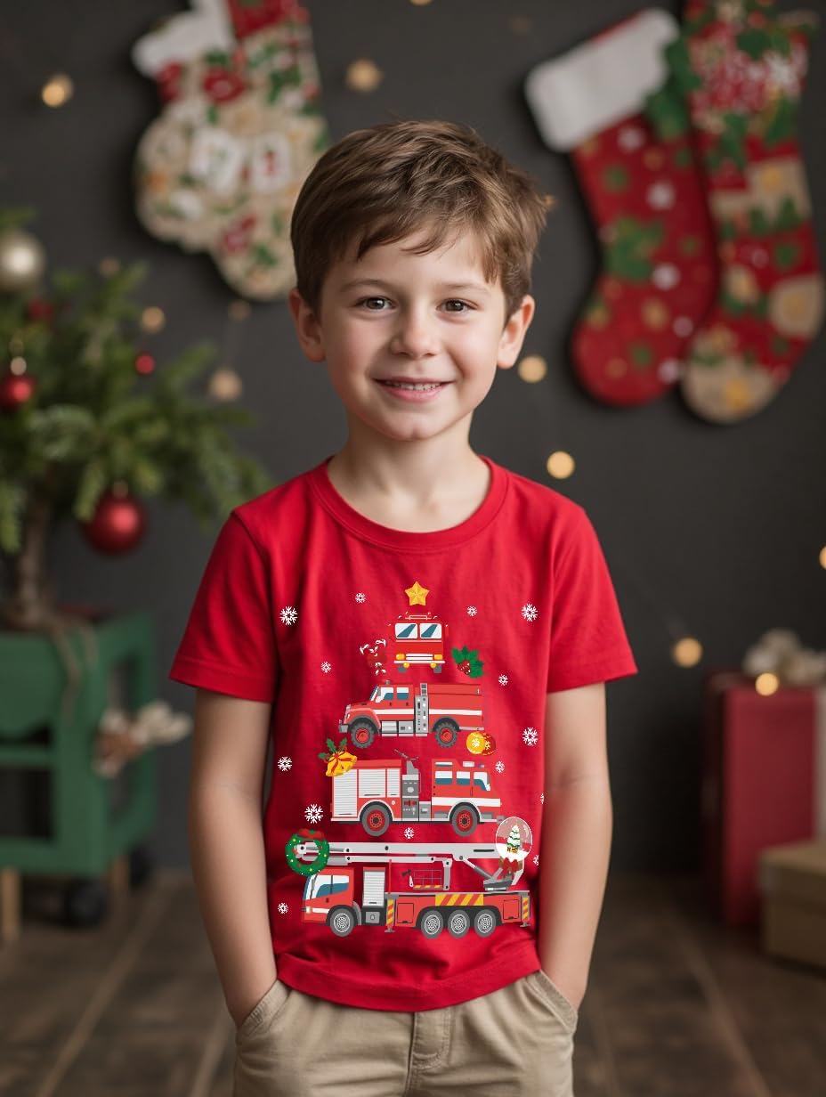 Christmas Boy Shirts Fire Truck T-Shirt Gamer Xmas Tree Lights Graphic Tees Tops 2-8 Years