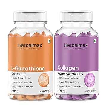 Herbal Max Collagen & L-Glutathione Supplement Skin Brightening, Anti-Aging, Hair & Nail Support 90 Tablets For Men & Women