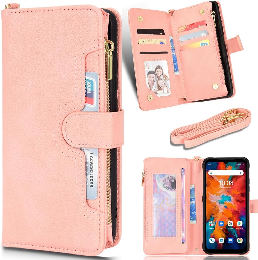 Zipper Wallet Case Wallet Case for Doogee S88 Pro/S88 Plus, Zipper Pocket and Card Slot Cover, Wallet Magnetic Cover for Doogee S88 Pro/S88 Plus-Pink