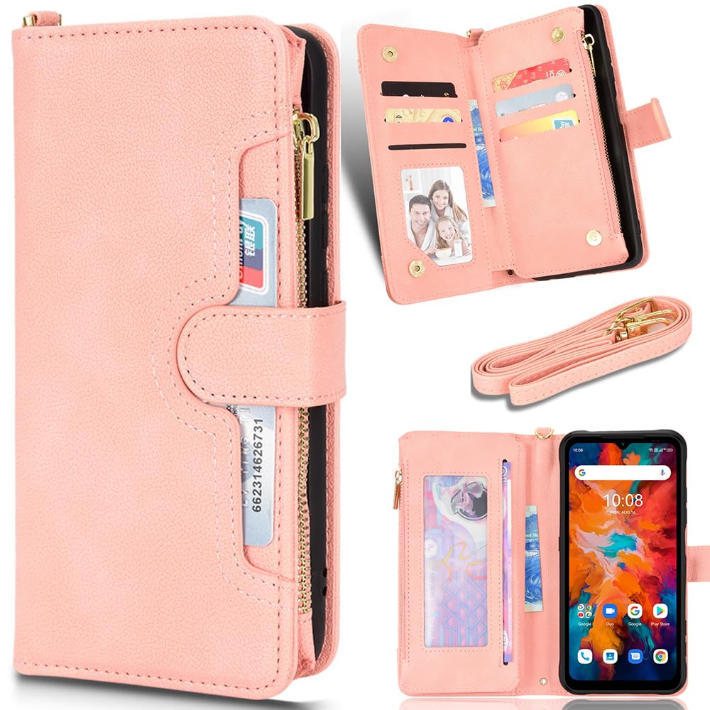 Zipper Wallet Case Wallet Case for Doogee S88 Pro/S88 Plus, Zipper Pocket and Card Slot Cover, Wallet Magnetic Cover for Doogee S88 Pro/S88 Plus-Pink