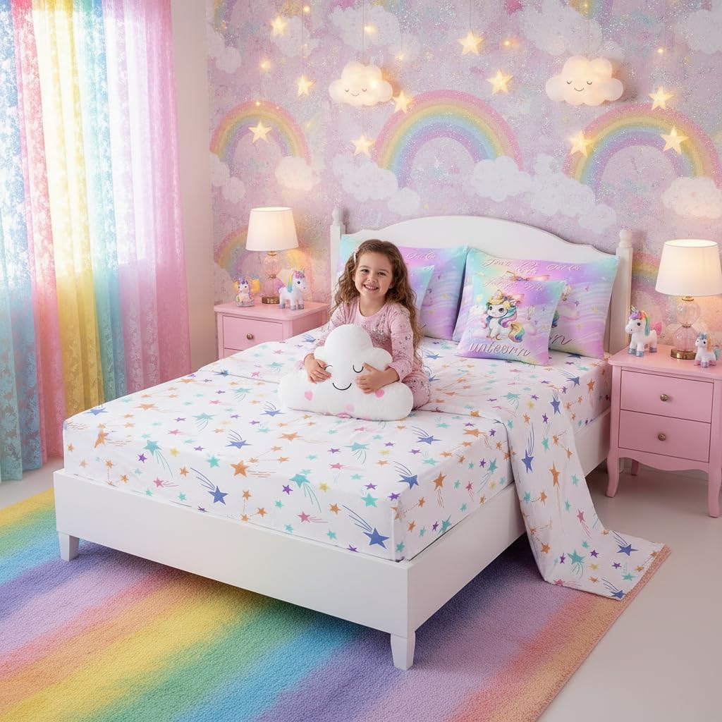 Erosebridal Girls Unicorn Queen Comforter Set with Sheets,Rainbow Kids Purple Unicorn Bedding Set 7 Piece,Cute Pink Bow Knot Bed Set Girly Bowknot Comforter with Fitted+Flat Sheet,Pillowcases