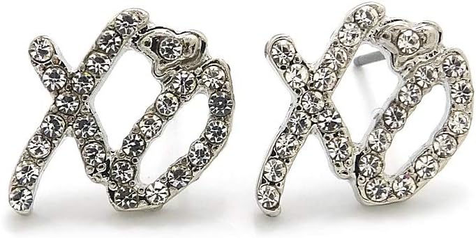 Stone Stud XO Heart Stud Earrings, Silver-Tone