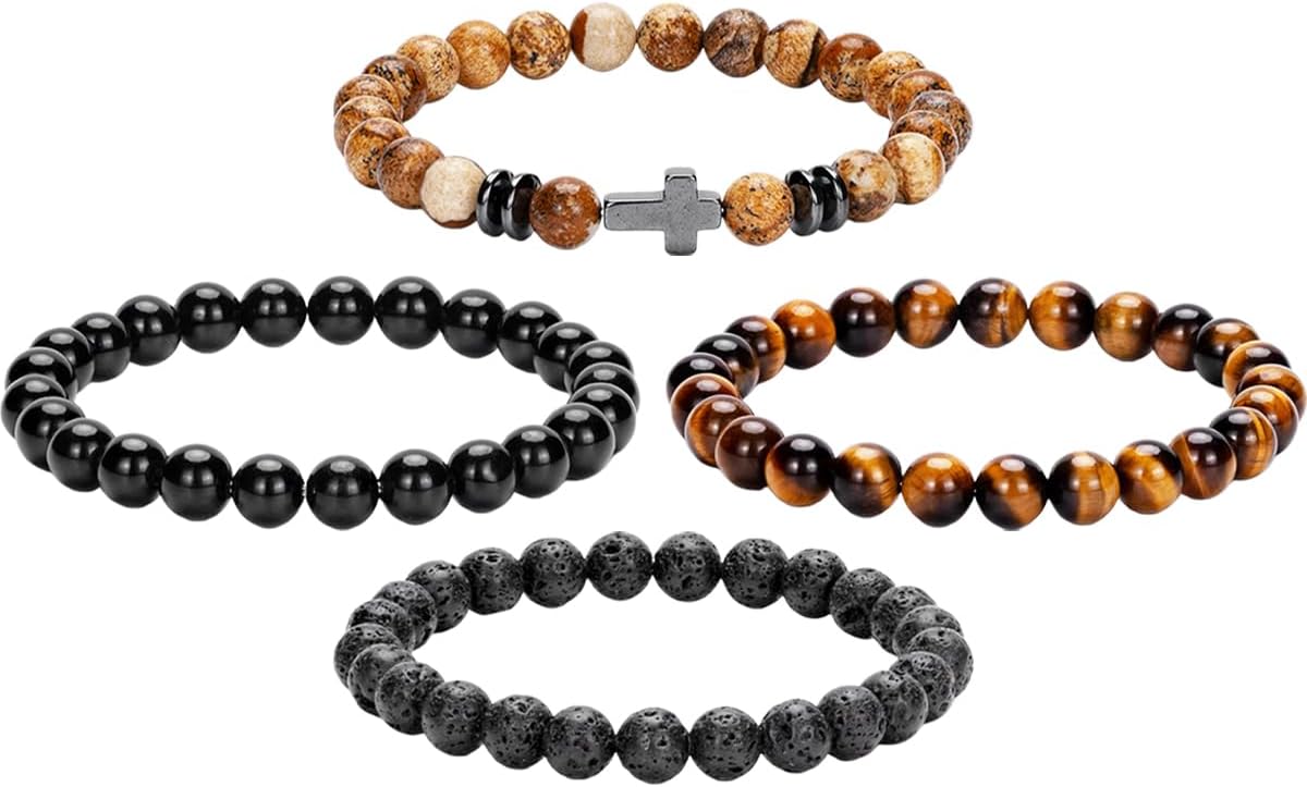 Men Beaded Bracelets, 8mm Natural Stone Bracelet, Healing Crystal, Jewelry Gifts for men, Triple Protection, Tiger Eye, Black Obsidian Beads Bracelets, Lava Rock, Pack of 4