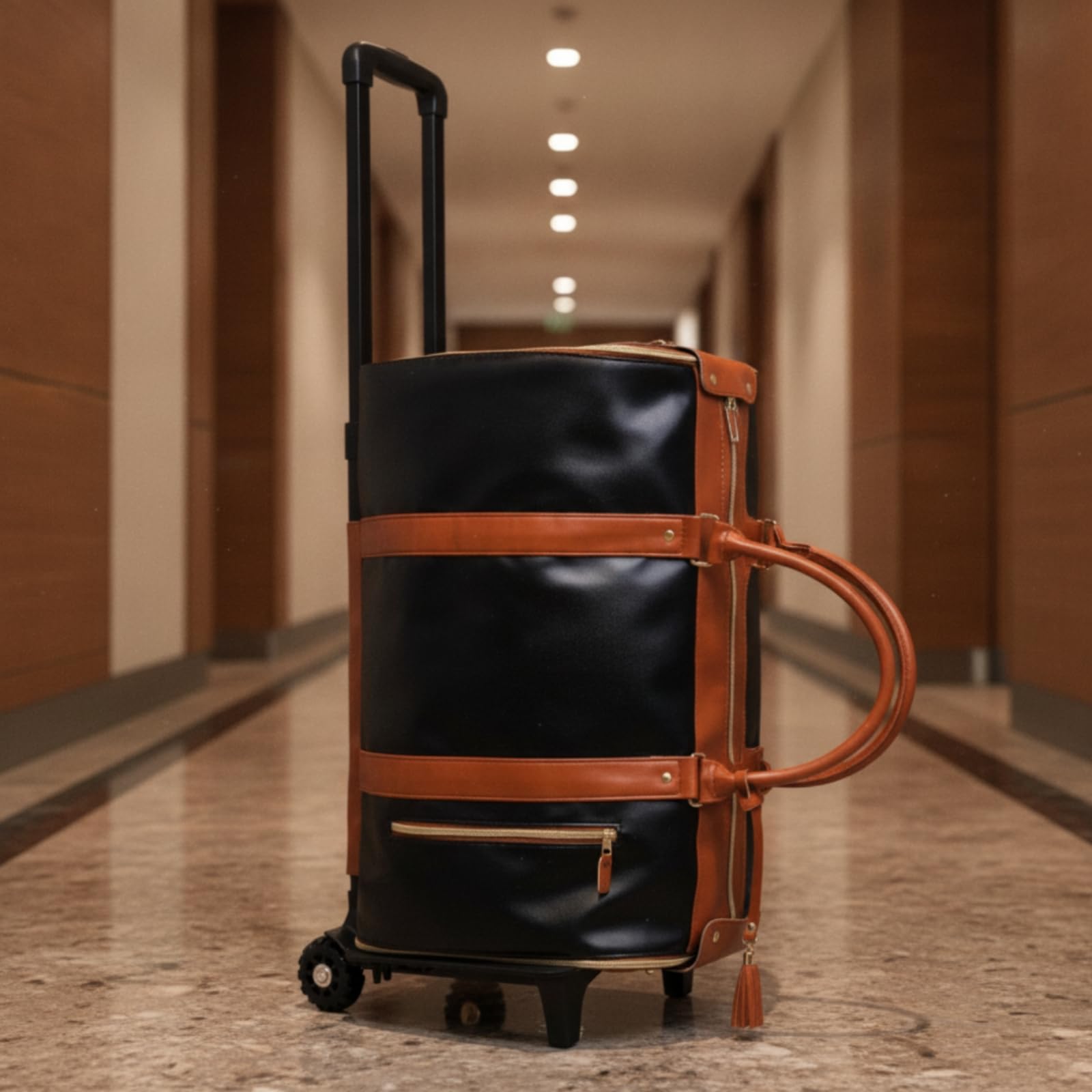 MagiDeal Valigia da Viaggio Borsa Porta Abiti Trolley Borsa da Indumenti con Ruote Struttura Morbida in PU con Chiusura a Zip Liscia E Tasca Davanti Adatta per, Array, Nero E Marrone