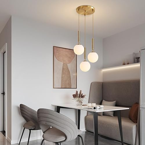 Miniatura 5 de KCO Iluminación colgante de 3 luces en racimo de iluminación colgante de globo dorado de mediados de siglo, lámpara colgante grande de vidrio blanco