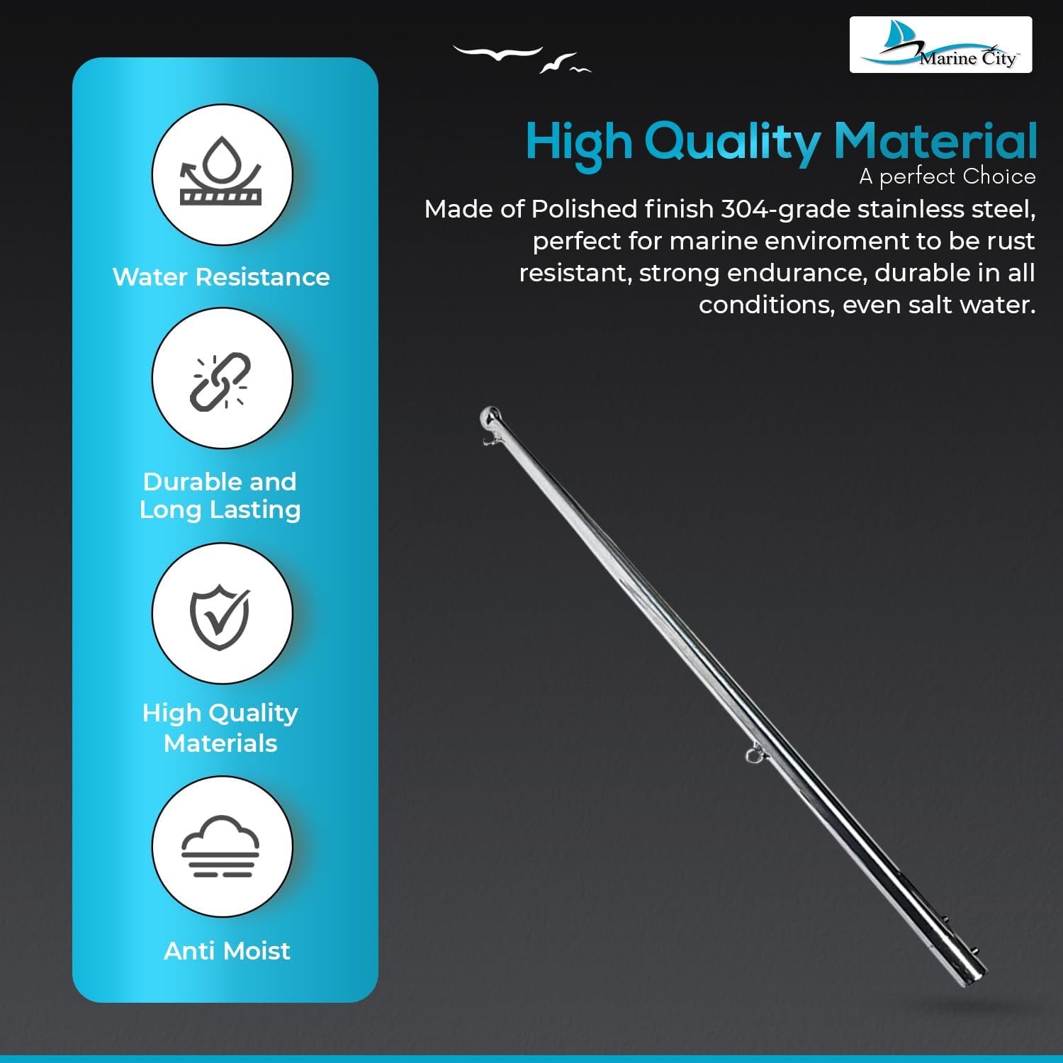 Marine City Boat 304 Stainless Steel 30 Inches Flag Stanchion Pole Flagpole Wind Resistant and Rust Proof for Garden Yard Truck Boat.