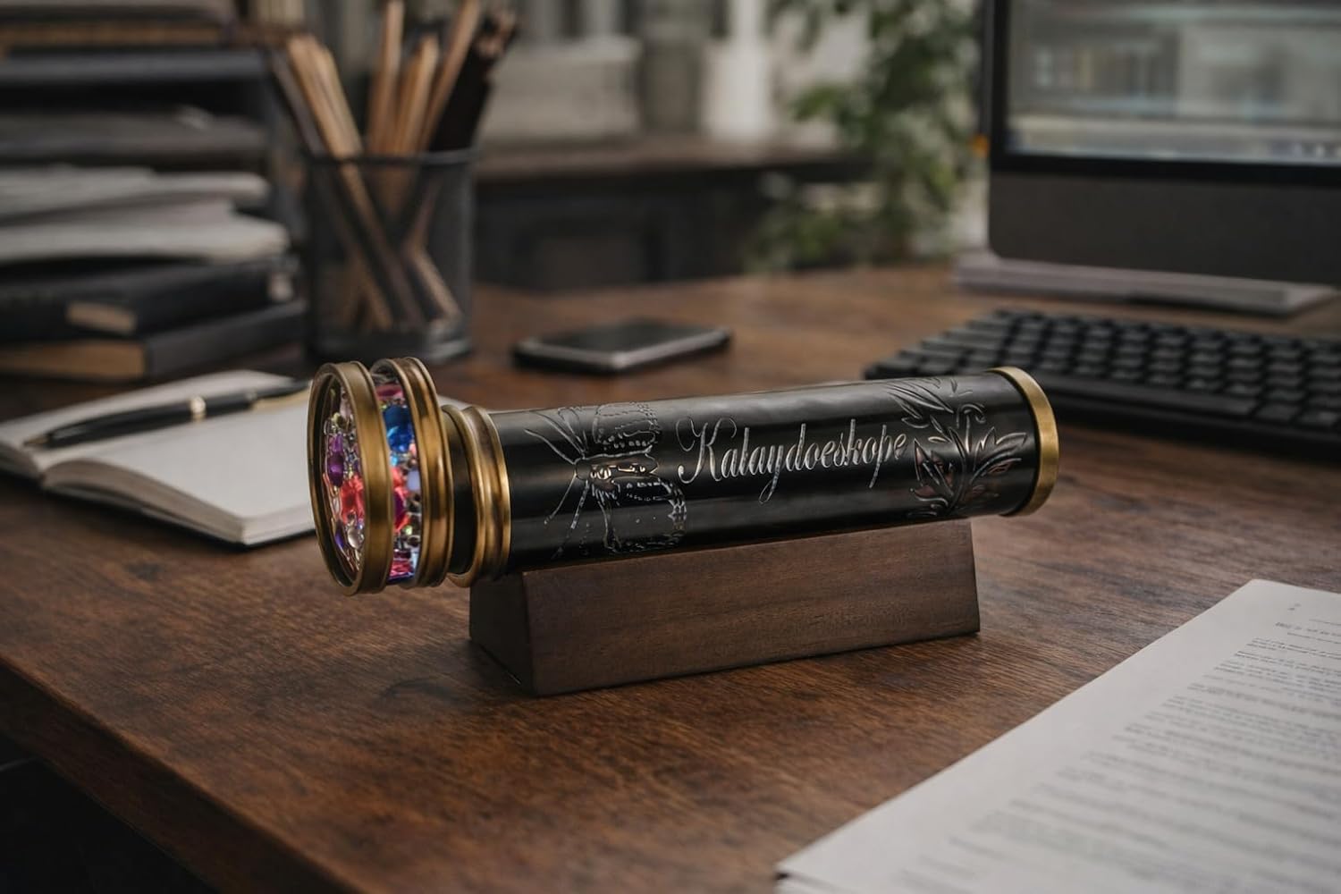 Vintage Handcrafted Kaleidoscope with Wooden Stand – Brass Finish Decorative Desk Decor & Educational Optical Viewer – Classic Antique Style Home Décor Gift