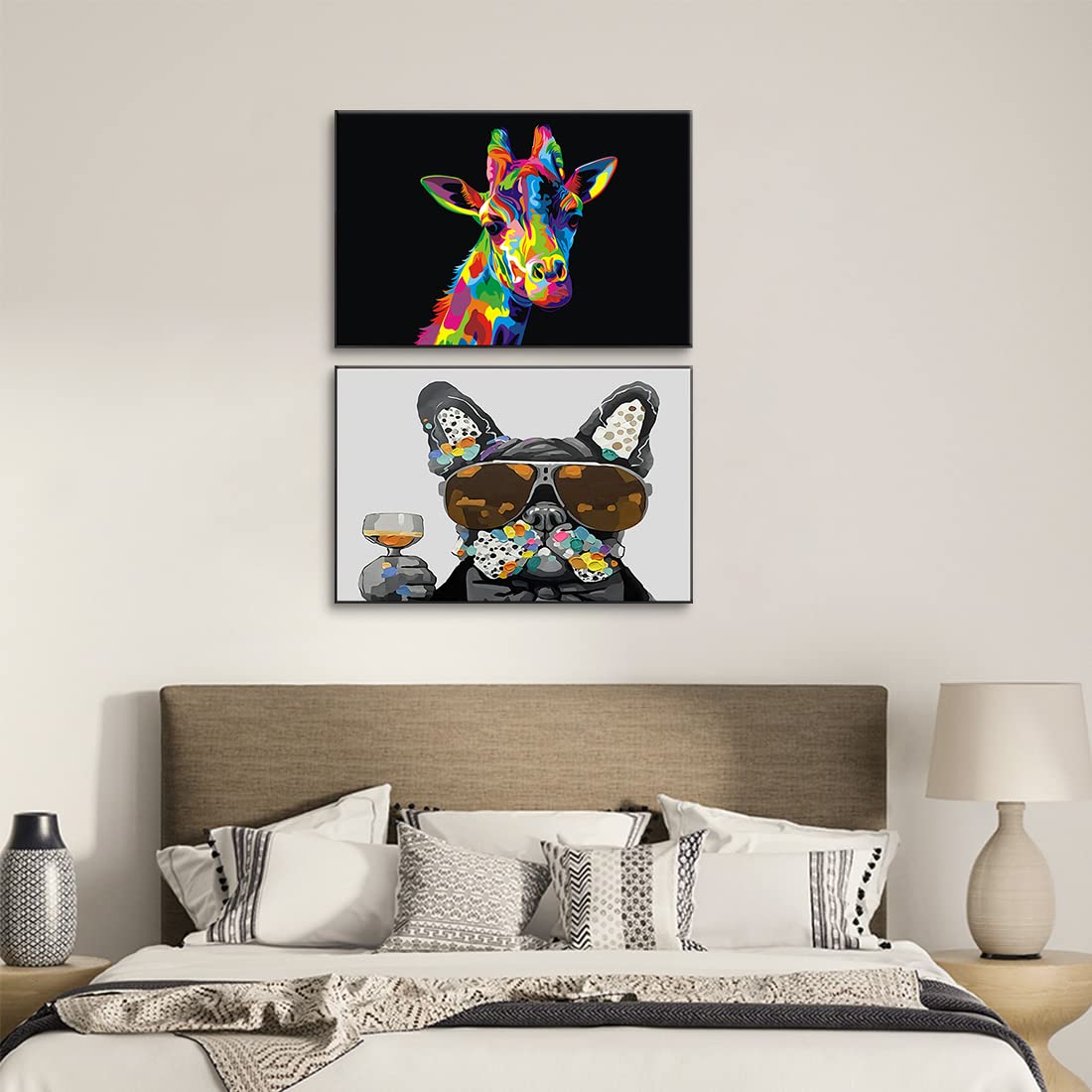 Amazon.co.jp: 動物 油絵 アートパネル 2枚 飾り絵 カラフル キリン 犬