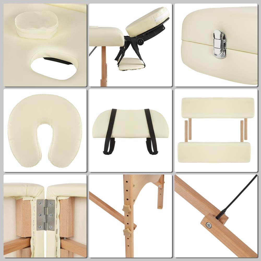 Melko Mobile Massageliege Holz Massagetisch Massagebank klappbar höhenverstellbar 3 Zonen Therapieliege Beige
