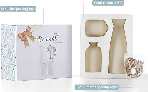 Miniatura 10 de CEMABT Juego de 3 jarrones de cerámica azul para decoración, decoración rústica moderna del hogar, jarrones decorativos para hierba de las pampas,