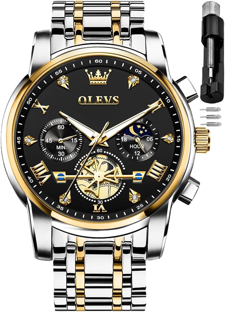 - Men Skeleton Watches Stainless Steel Analog Quartz Moon Phase Male Watch, Diamond Multi Calendar Chronograph Watch,Waterproof Wrist Watch for Men