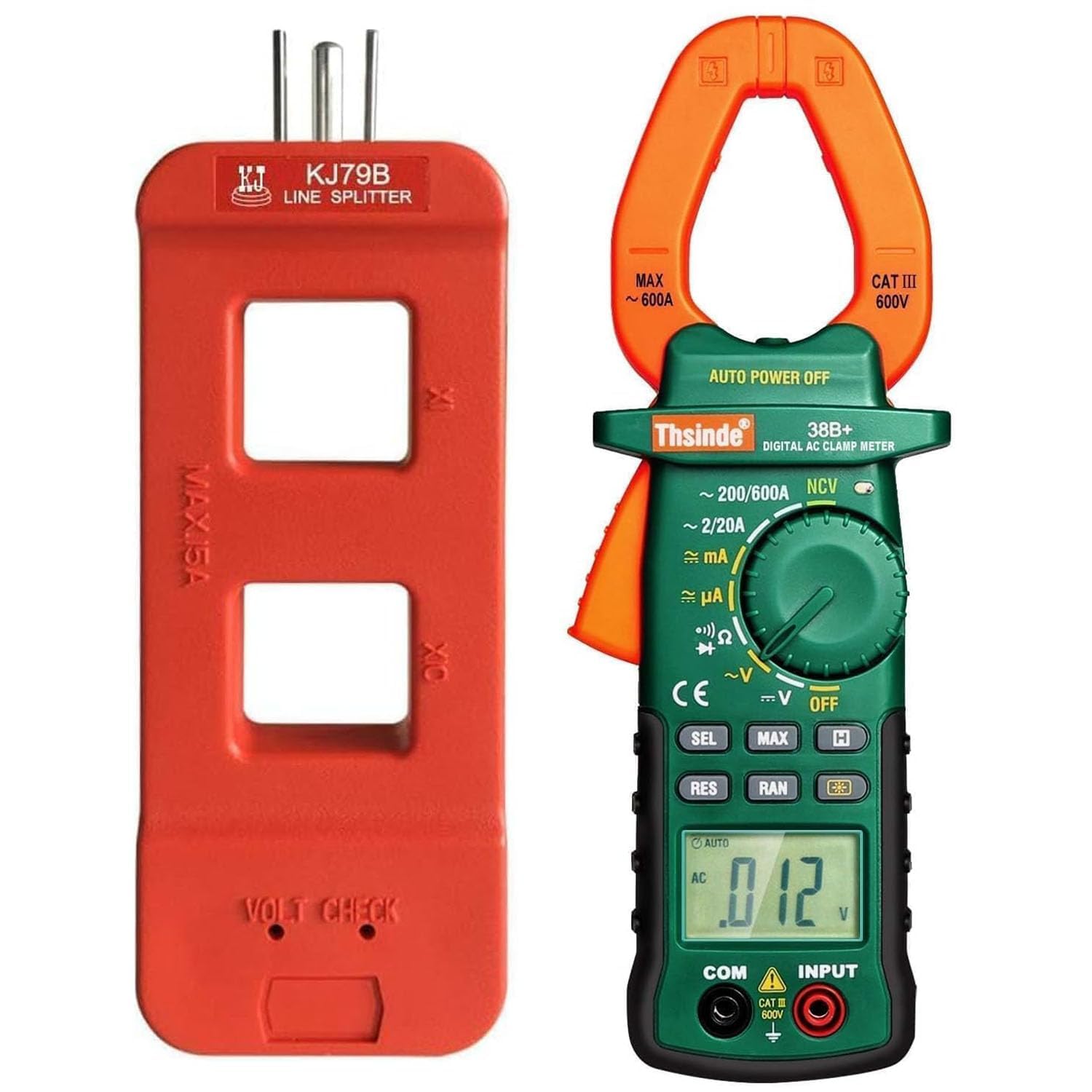KJ79B AC Line Splitter, Line Splitter for Clamp Meter, 10x Measurement, 15A Max Current, for US Outlets (KJ79B red &amp; 38B Clamp Meter)