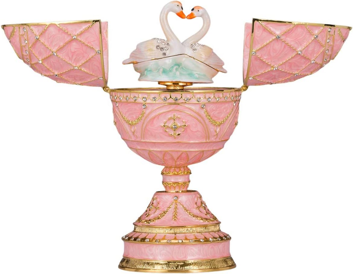 danila-souvenirs Faberge style Egg/Music Box/Trinket Jewel Box with Two Swans 6.8'' (17 cm) pink