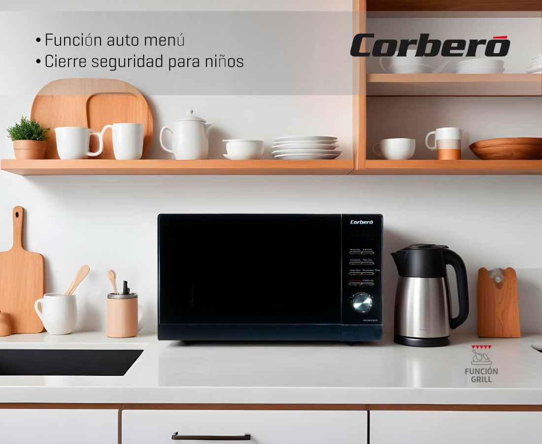 Corberó - Microondas Convección | CMICM9023DCB | 23L | 900W | Con Grill | 6 Niveles Potencia | Auto Menú | Descongelar | Control Digital | Plato Giratorio | Negro/Inox