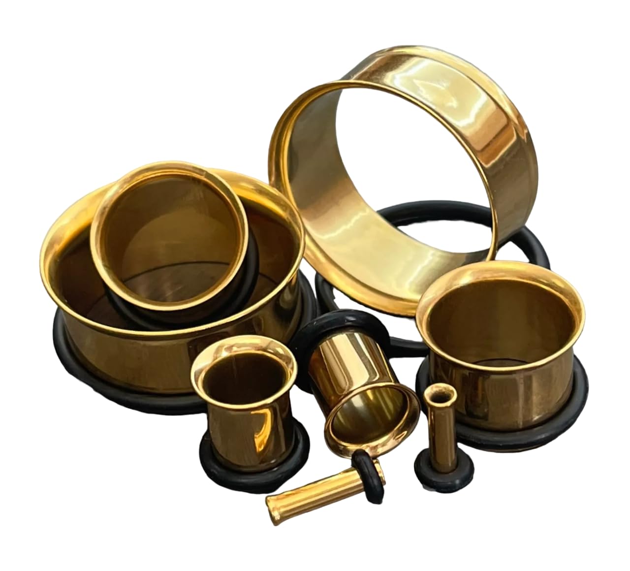 Lobal Domination PAIR of Stunning Gold Plated Single Flare Tunnels with O-Rings - Plugs - Gauges - Body Jewelry