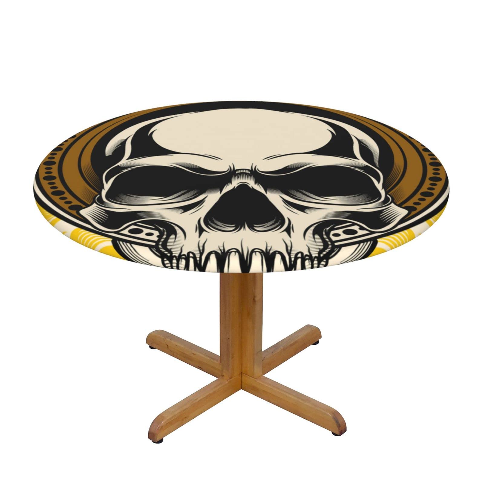 Lsjuee Round Fitted Tablecloth 45-50in Elastic Edged Table Cloth for Kitchen Dining Party Home Decor - Skull Yellow Abstract Death