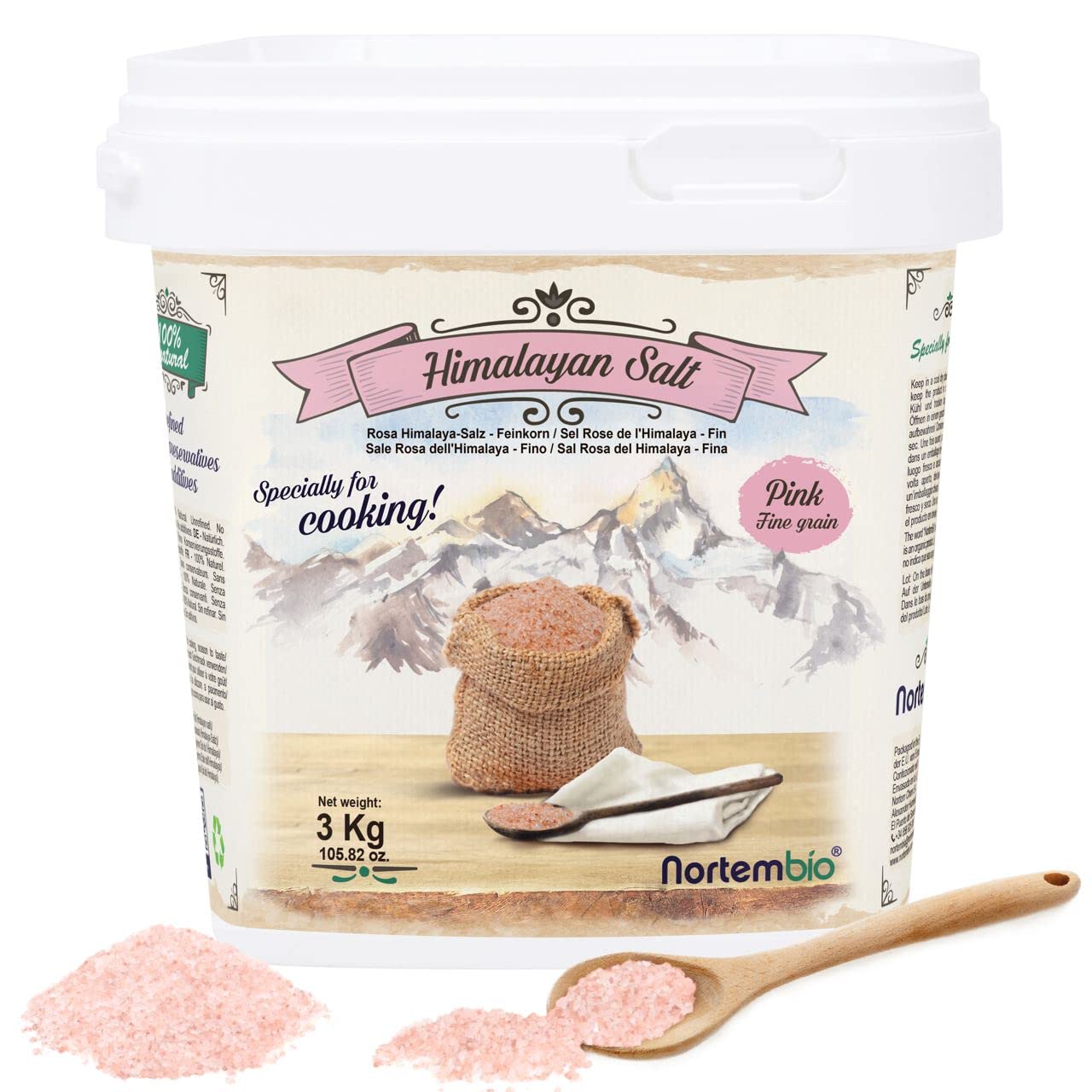 Nortembio Sel Rose de l’Himalaya 3 kg Grain Fin (1–2 mm) Origine Punjab Pakistan Sel Minéral Naturel Non Raffiné pour Cuisine + eBook de Recettes Offert