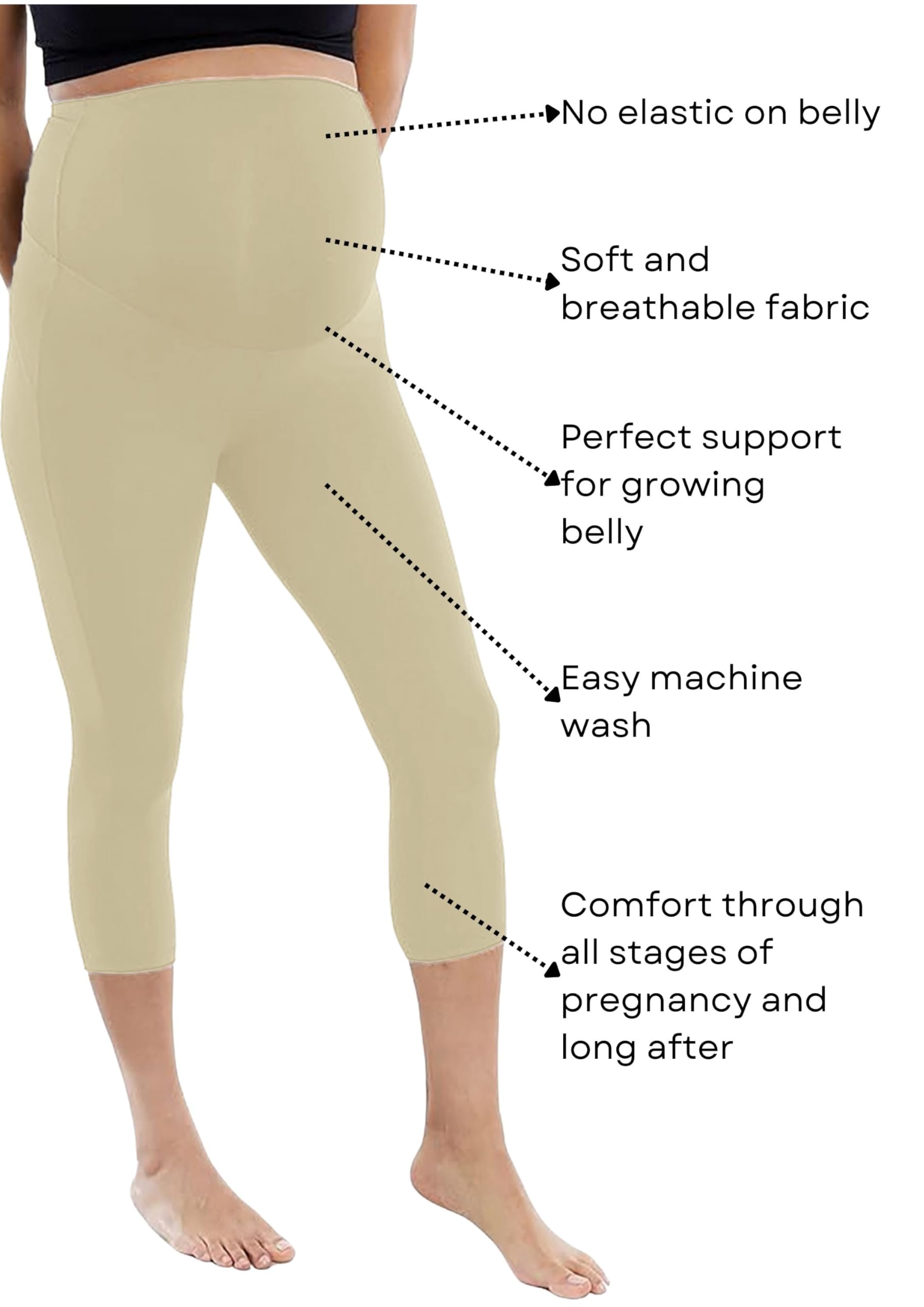 Litelooks Women's Cotton Lycra Over Belly 3/4 Capri Maternity Leggings - Comfortable, Seam-Free, High Waist Support, Stretchable Pregnancy Pants for Pre & Post Pregnancy (in, Alpha, XL, Beige) - Image 3 thumbnail