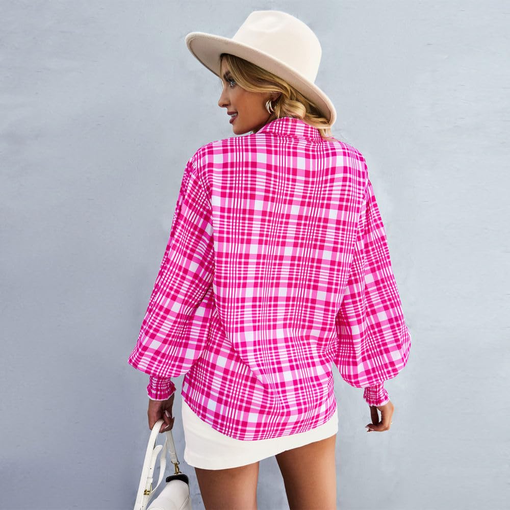 Langarmshirt Damen,Lässige Bluse Für Damen, Revers, Button Down Hemdjacke, Rosarot, Gestreift, Kariert, Blumendruck, Stilvolles Hemd, Puffärmel, Elegante Bluse, Arbeits Und Ausgeh Blusenoberteile