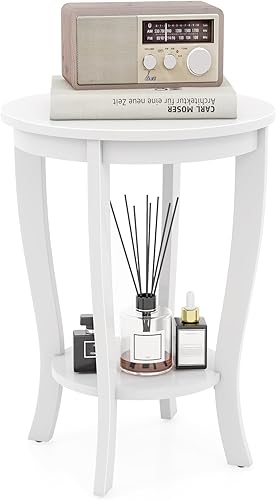 KOTEK Mesa auxiliar redonda de 2 niveles, mesa auxiliar con estante de almacenamiento, mesita de noche moderna con patas de madera de goma maciza,