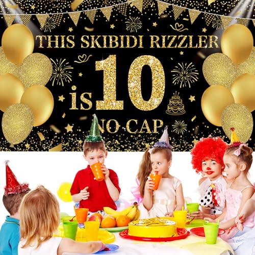 Image of Black Gold This Skibidi Rizzler is 10 No Cap Happy Birthday Backdrop Banner Photography Background Decorations for Boys Girls 10th Year Bday Party Accessories Supplies 72.8 * 43.3in