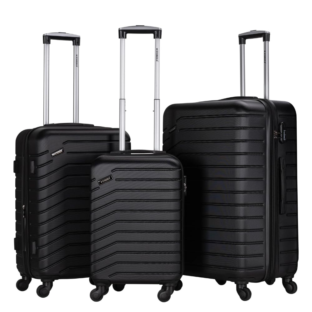 STARGOLDLuggage 3 Pieces Set ABS Hard Side Heavy Duty Travel luggage With Spinner Wheels & Number Lock (Black)