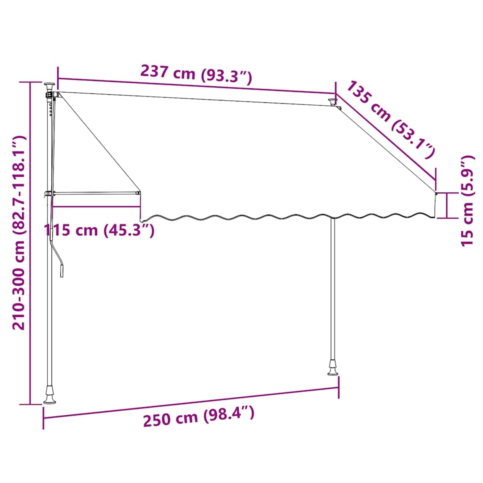Wysuwana markiza balkonowa, obsługiwana ręcznie, 250 cm, kremowo-biała, balkonowa, bez wiercenia, z korbą ręczną, aluminiowa markiza odporna na promieniowanie UV, regulacja wysokości i