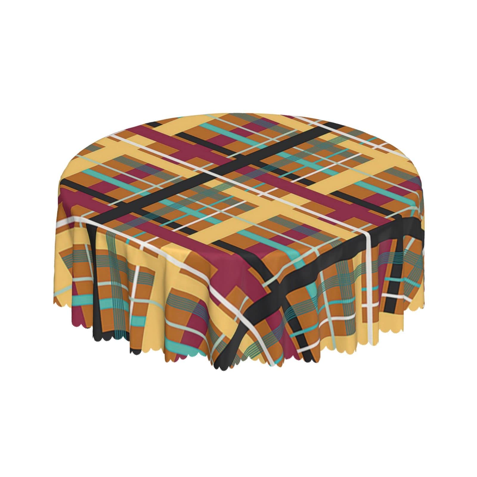 Lsjuee Tartan Colorful Abstract Round Tablecloth 60 Inch Printed Washable Tablecloth for Dining Party Holiday Fall Home Decorative
