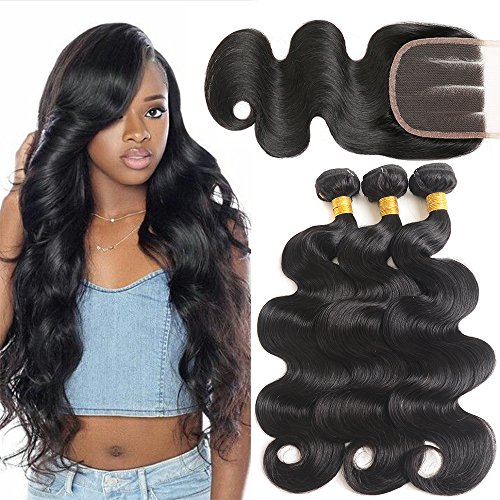 Mermaid 8A Brazilian Virgin Hair Body Wave 3 Bundles With Closure Unprocessed Human Hair Weave Natural Color (16 18 20+14)