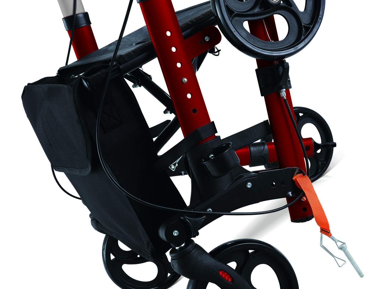 GIMA Deambulatore Compact, Pieghevole e Regolabile in Altezza, Telaio in Alluminio Leggero, Sedile, Schienale, Tracolla Removibile, Portabastone, Freni ad Anello Autobloccanti, Rosso