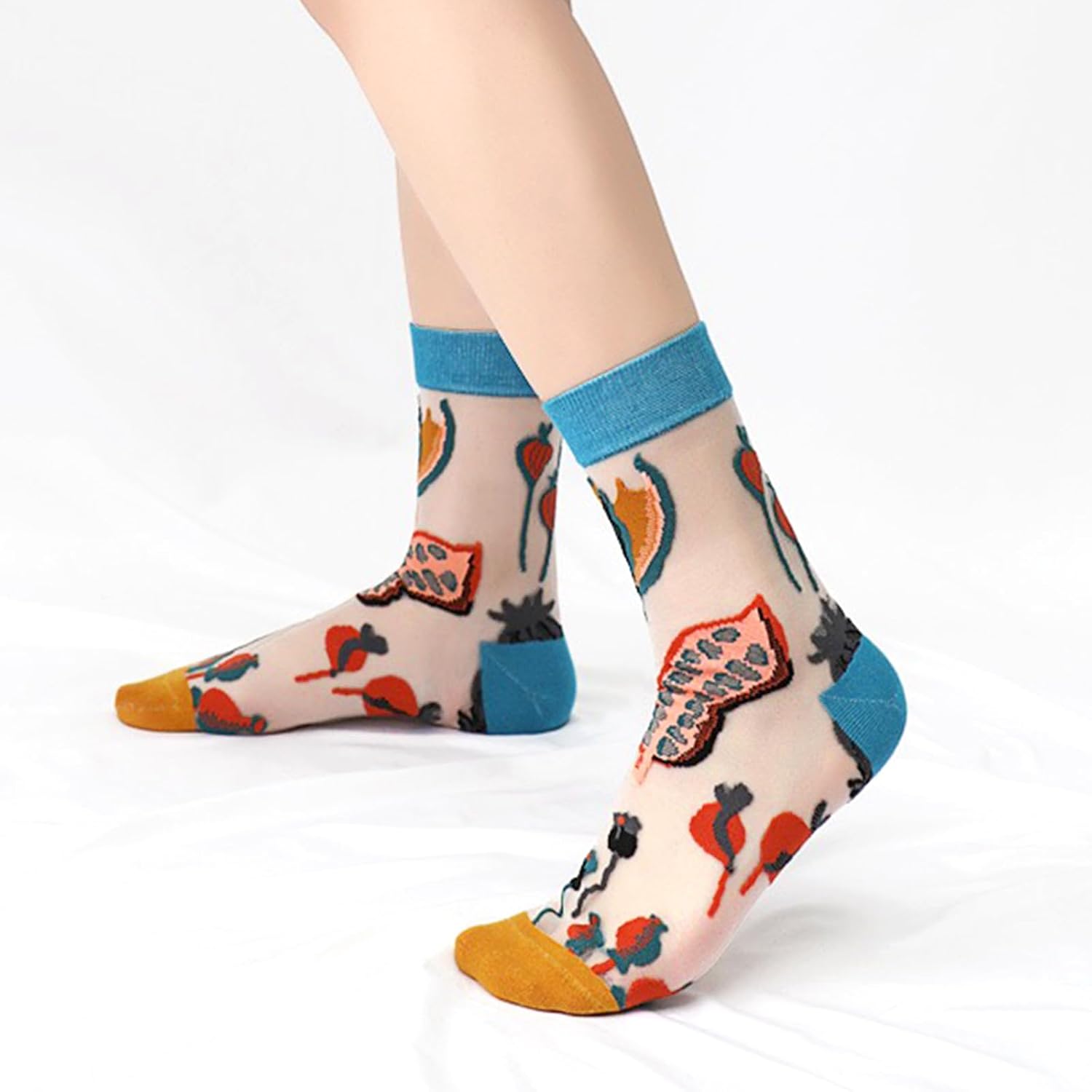 Women's 3D Embroidered Sheer Socks 8 Pairs Vintage Floral & Bird Thin Transparent Mesh Crystal Silk Crew Socks image 2