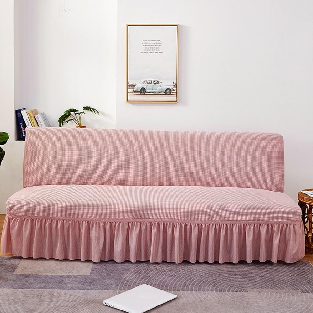 Hixingo Stretch Armless Futon Cover with Skirt, Futon Mattress Cover Soft Futon Covers with Elastic Bottom, Solid Color Futon Slipcovers Washable Futon Couch Cover (Medium (63-75"),Pink)