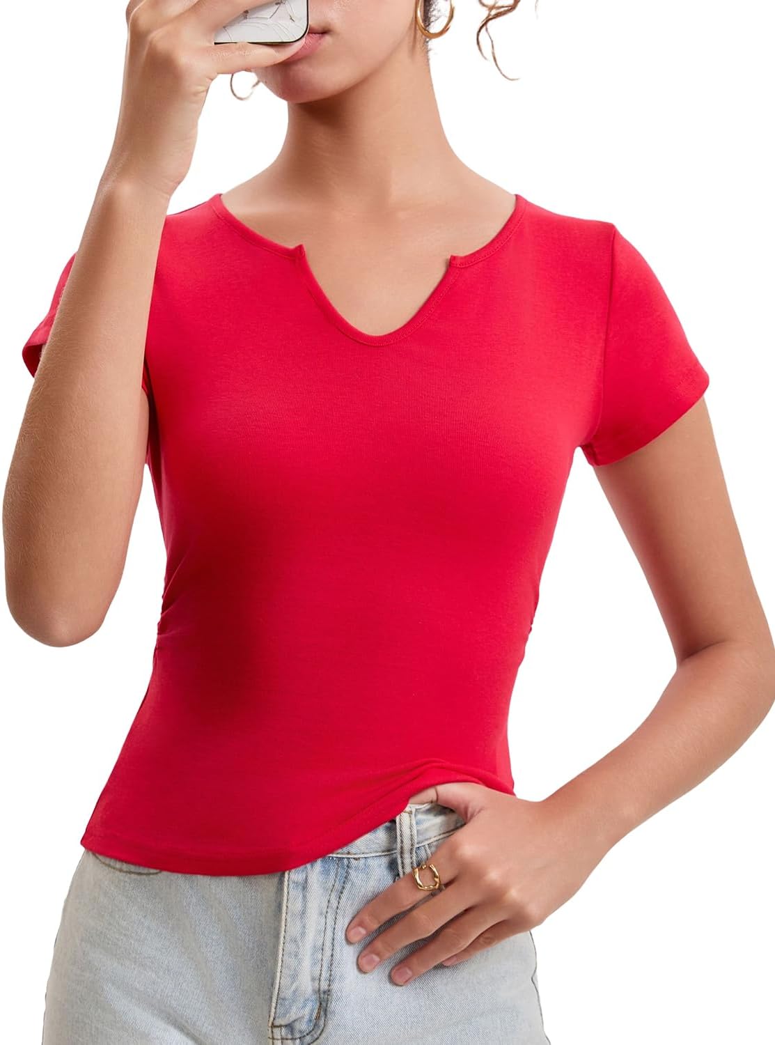 Inadays Womens Short Sleeve Shirts Going Out Crop Tops Slim Fit Tight Basics Tees U Notch Fashion Clothing Outfits - Image 2