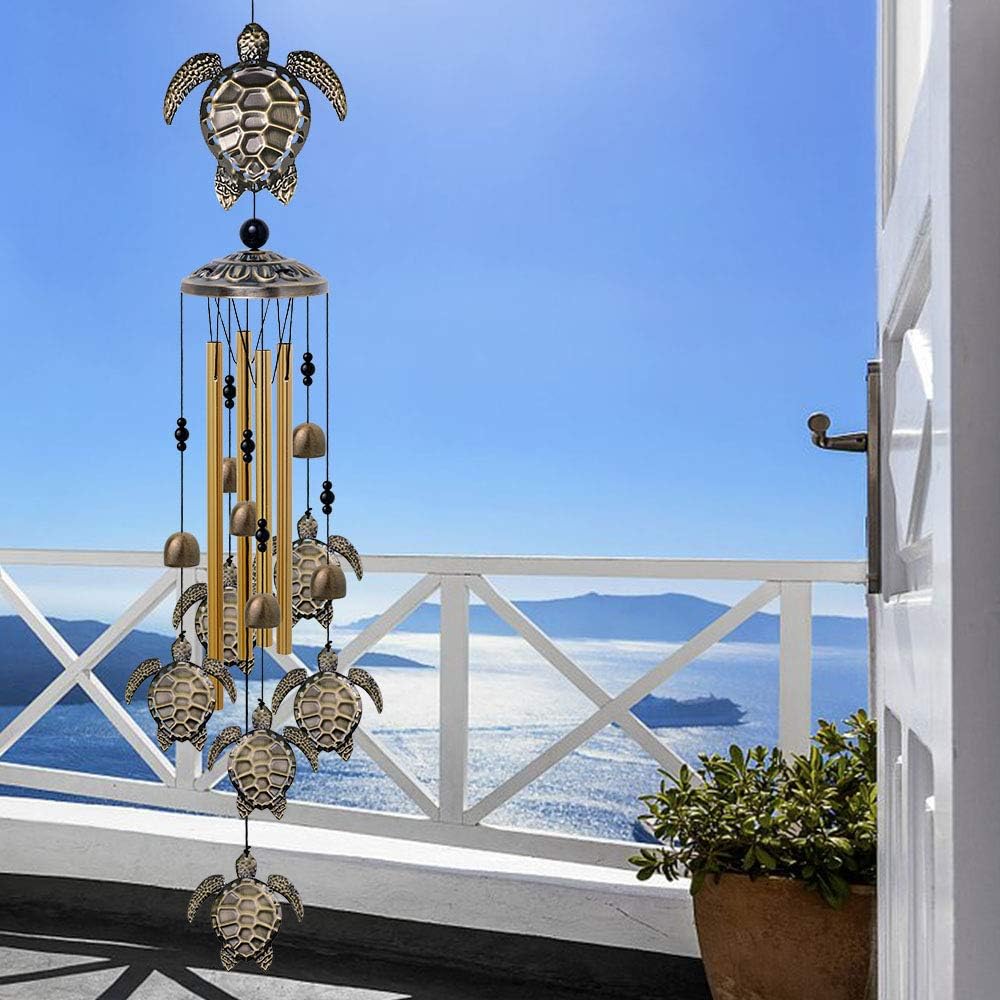 Garden Sea Turtle Wind Chimes Outdoor Decor - with 4 Tubes 6 Bells 7 Turtles Mobile Romantic Wind Catcher, Tortoise Wind Chime for Home, Xmas Mom Gifts, Festival, Balcony, Tree, Garden Decoration