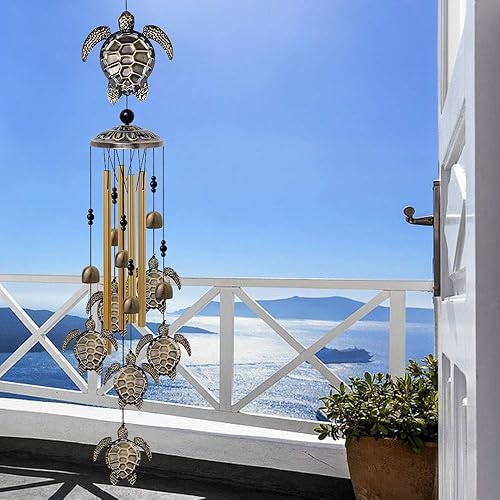 Miniatura 5 de Campanillas de viento de tortuga marina para jardín, decoración al aire libre, con 4 tubos, 6 campanas, 7 tortugas, captador de viento romántico,