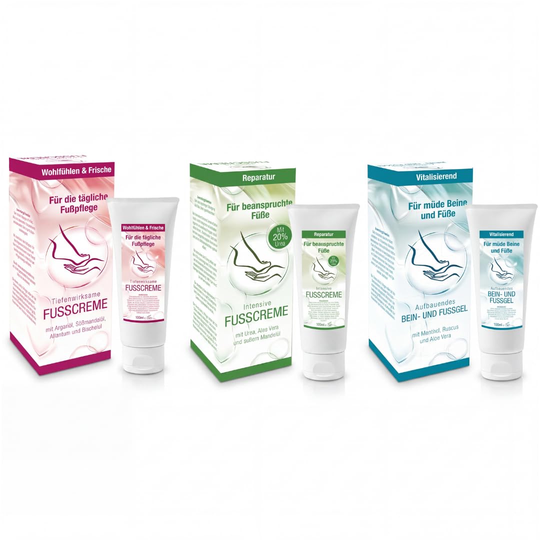 FußKomfort Fußpflegeset 3-teilig – Fußcreme & 20% Urea Creme gegen Hornhaut + Kühlendes Bein- & Fußgel mit Menthol – Intensive Pflege für trockene Füße, rissige Haut & müde Beine – 3x100 ml