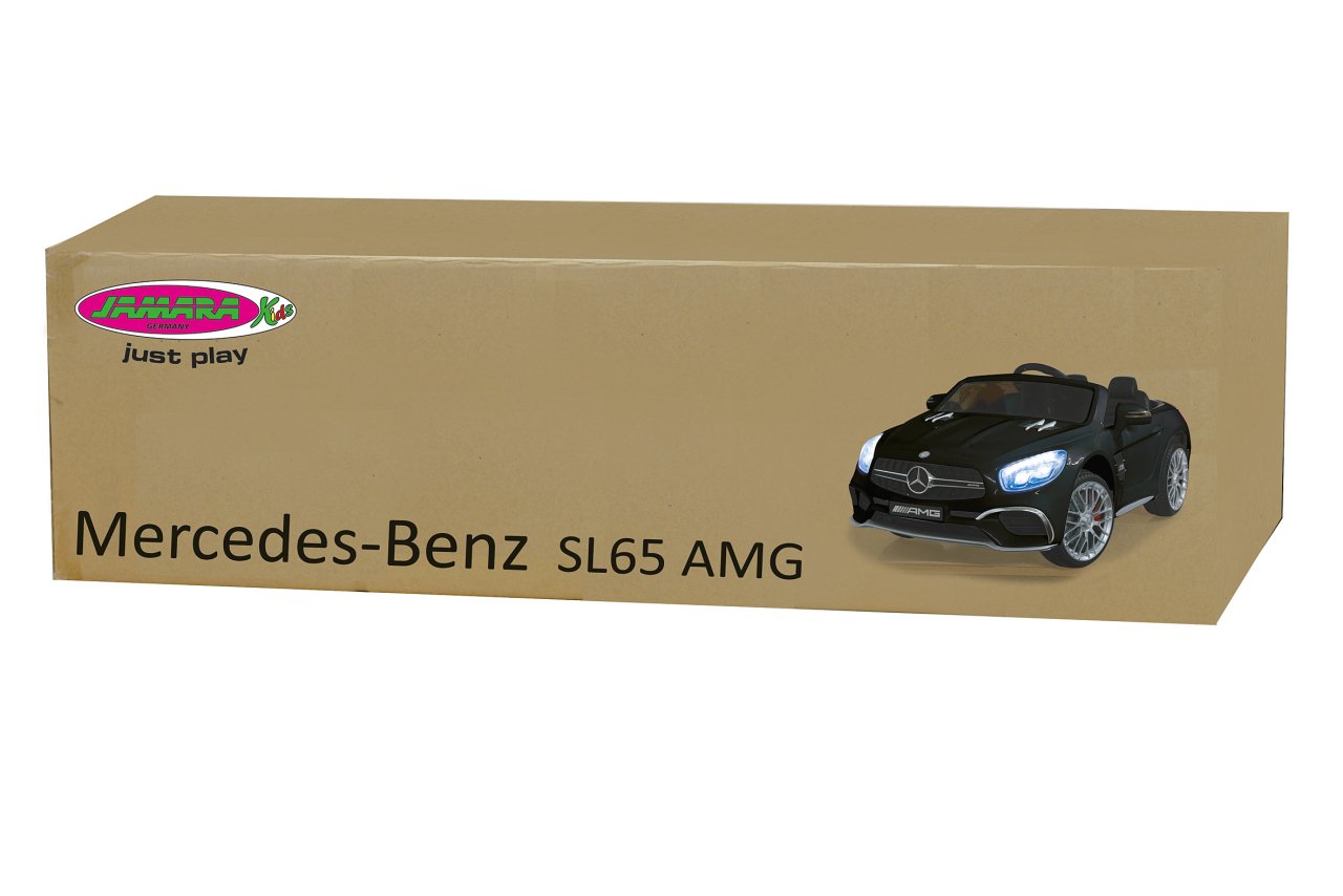 Jamara 460295 – Mercedes SL65 czarny 12 V – miękki start, 2-biegowy, gumowy pasek o ultra chwycie, amortyzator, port AUX i USB, LED, 2 mocne silniki napędowe i akumulator zapewniający długi czas jazdy