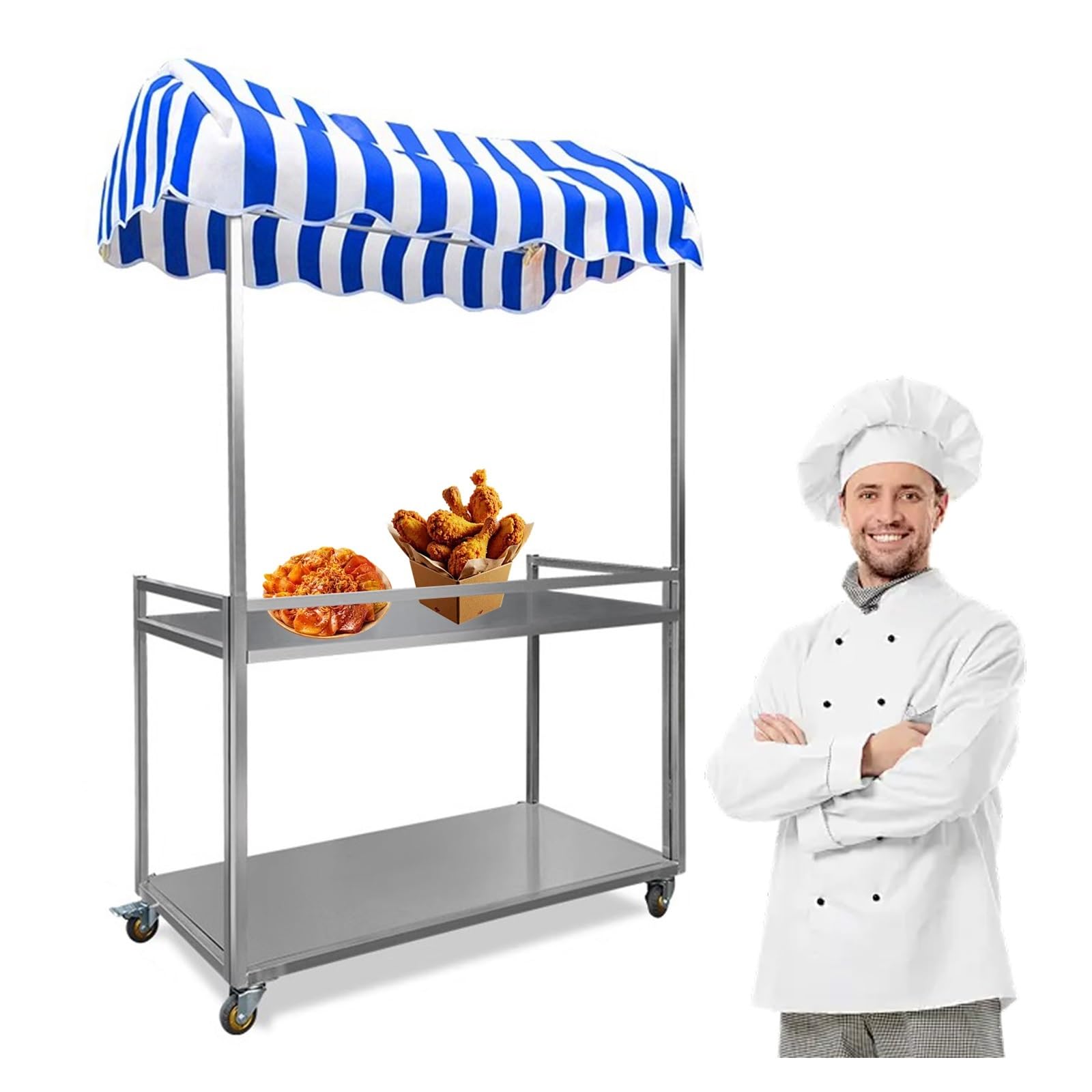 JYHHCYS Carrito De Vendedor Carro Remolque para Vendedores Ambulantes De Mercados Callejeros, Carro De Hierro para Venta Ambulante con Toldo A Rayas para Exteriores, 2 Niveles(Blue,S)