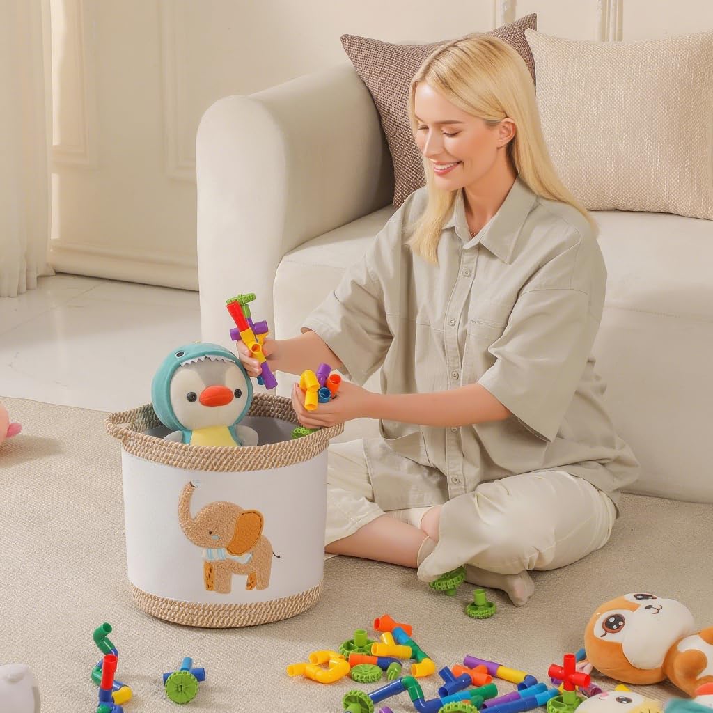 Ceste Portaoggetti per Bambini, Ceste Portaoggetti per Fasciatoio Neonato, Cesta Portabiancheria Bambini Pieghevole, Cesta Porta Coperte da Salotto, Cesta Biancheria Sporca, 30X30cm, Elefante giallo