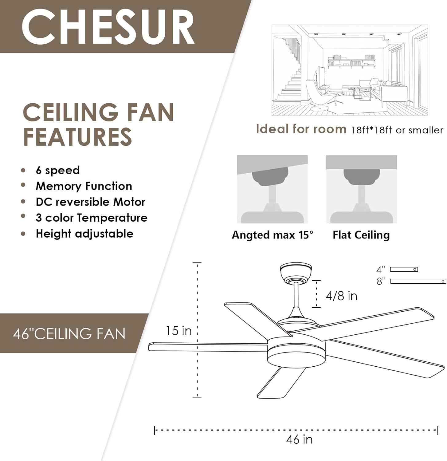46" Black Ceiling Fans with Lights - Low Profile Ceiling Fan with Lights and Remote/APP, 5 Dual-Sided Blades, Reversible DC Motor, Modern Ceiling Fan for Indoor and Outdoor Use - Image 6