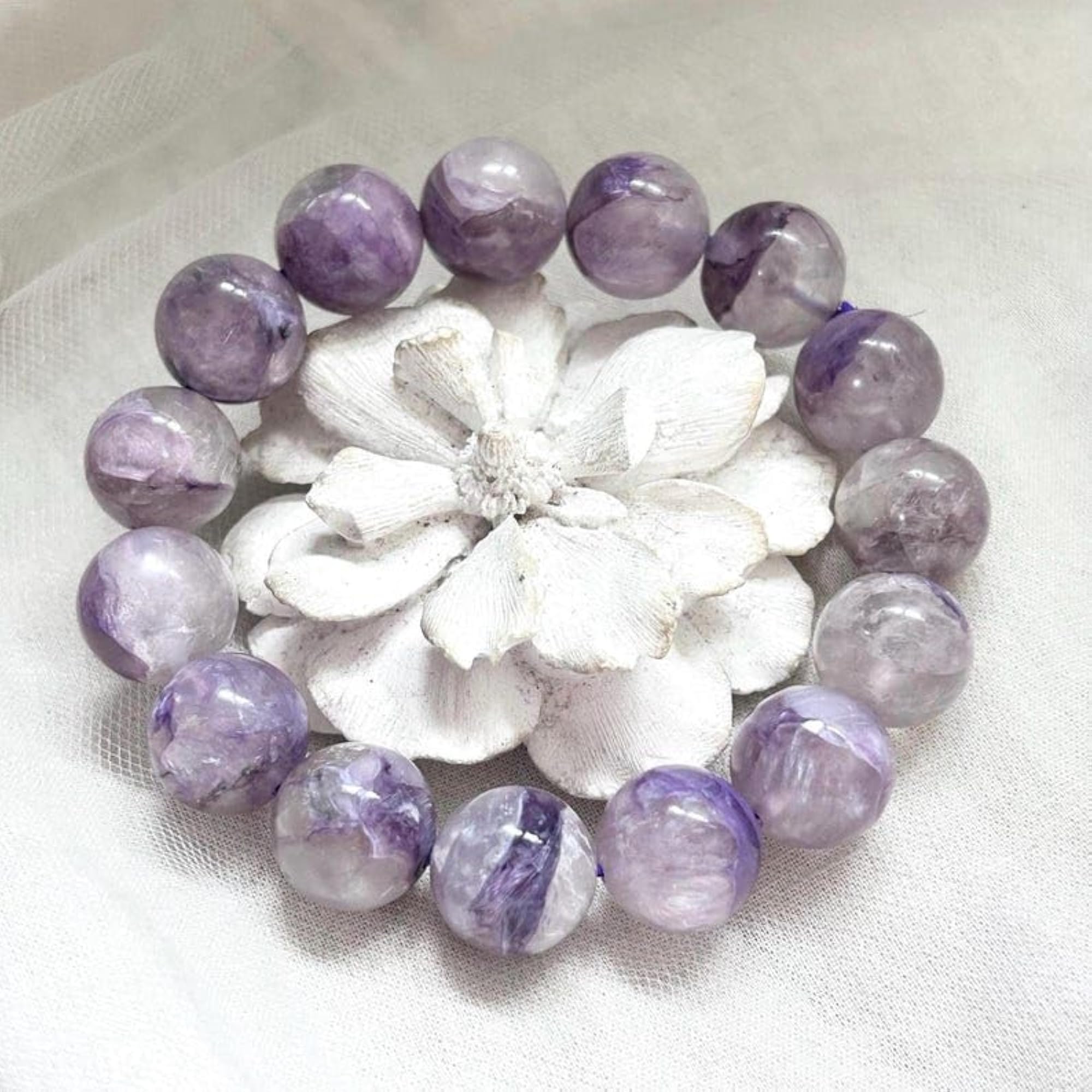 Natural Russian Charoite 14mm Round Bead Stretchable Bracelet, Unisex