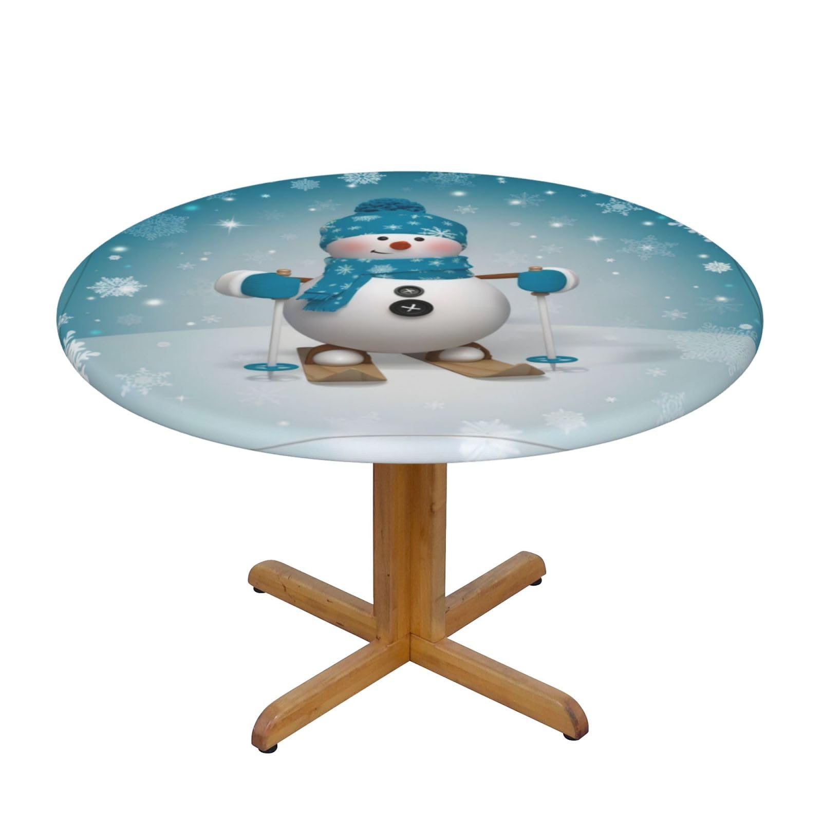 ZQYTGFDC Lovely Christmas Cartoon Skiing Snowman Snowflake M Decorative Round Tablecloth Waterproof Anti Stain Oil Proof Size for 40 50 inch