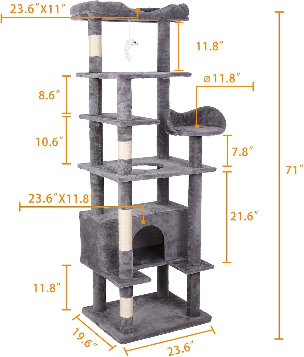 review 71'' Tall Cat Tree, Multi-Level Cat Tower Condo with Scrating Post, Large Top Perch and Dangling Rope, Roomy Condo for Indoor Cats