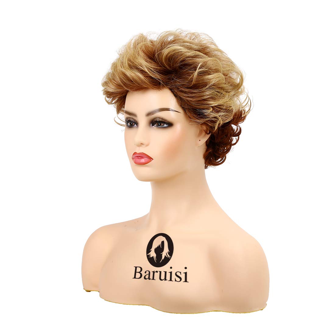 Baruisi Short Brown Pixie Wigs for Women Natural Looking Layered Curly Fluffy Synthetic Hair Wig with Bangs - Image 3