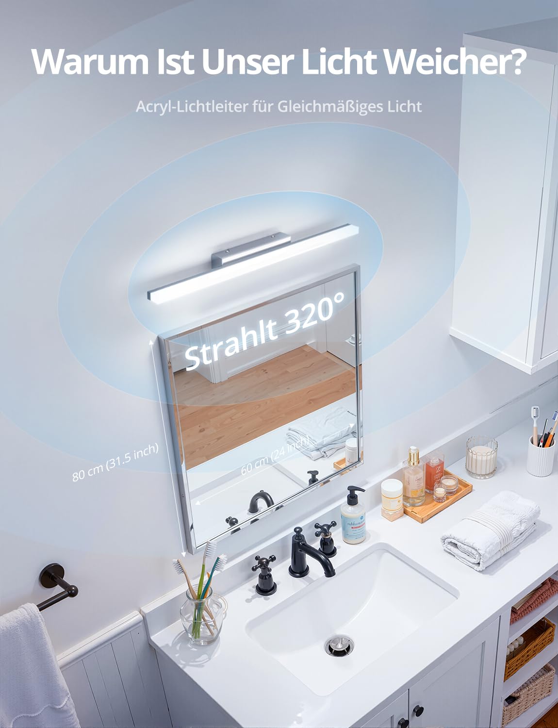 Combuh Spiegelleuchte Bad 60cm Spiegellampe Badezimmer LED Spiegelschrank Beleuchtung, Flexibeles Licht für Jeden Moment 5 Farbtemperaturen IP44 Lampe über Spiegel 230v Warmweiß Neutralweiss Kaltweiss