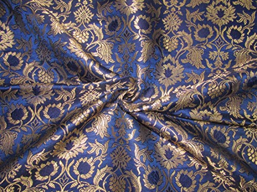Tissu brocart de soie bleu marine or métallisé coupon de 111,8 cm pour couture jacquard