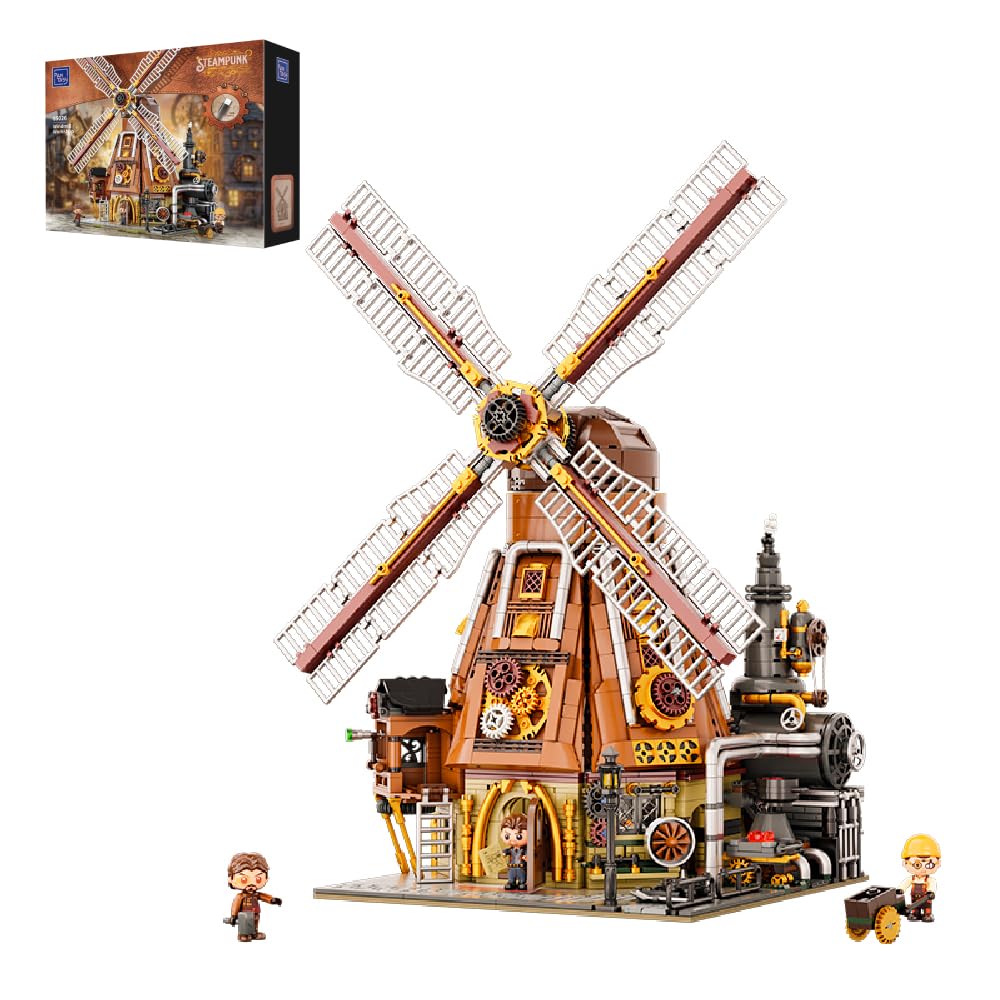 PANTASY Steampunk Windmill Workshop Building Set - Dutch Windmill Architecture with Motorized Blades, Mechanical Gears, Openable Wall - Collectible Modular Brick Kit for Adults