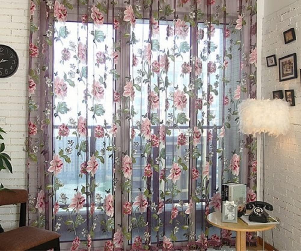 HooHero Purple Window Treatments Rod Pocket Top Style 100 Width Sheer Curtains Luxury Peony Flower Pattern Voile Tulle for Kids Nursery Room Bedroom