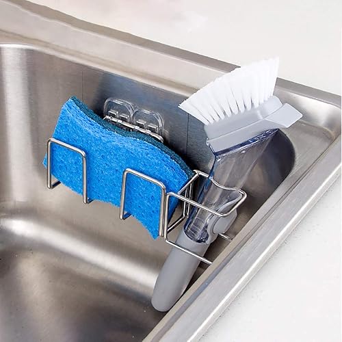 Miniatura 2 de Soporte de esponja adhesivo + soporte para cepillo 2 en 1 para fregadero, organizador de fregadero, acero inoxidable SUS304, resistente al agua, a