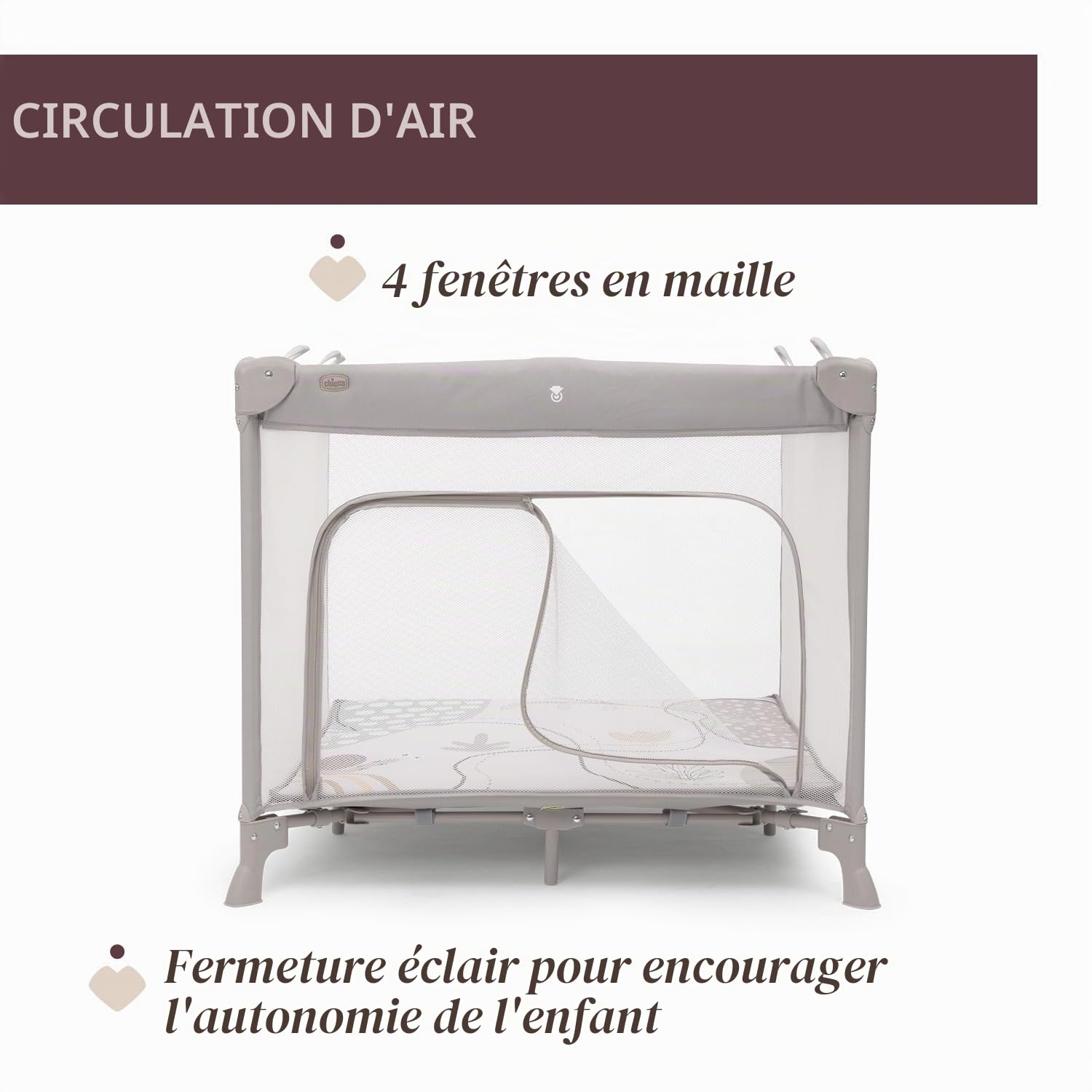 Chicco Open Box Square pour bébés et jeunes enfants de la naissance à 15 kg, parc bebe pliable et compact, avec tapis de jeu, fenêtres en maille, 4 poignées et sac de transport, gris